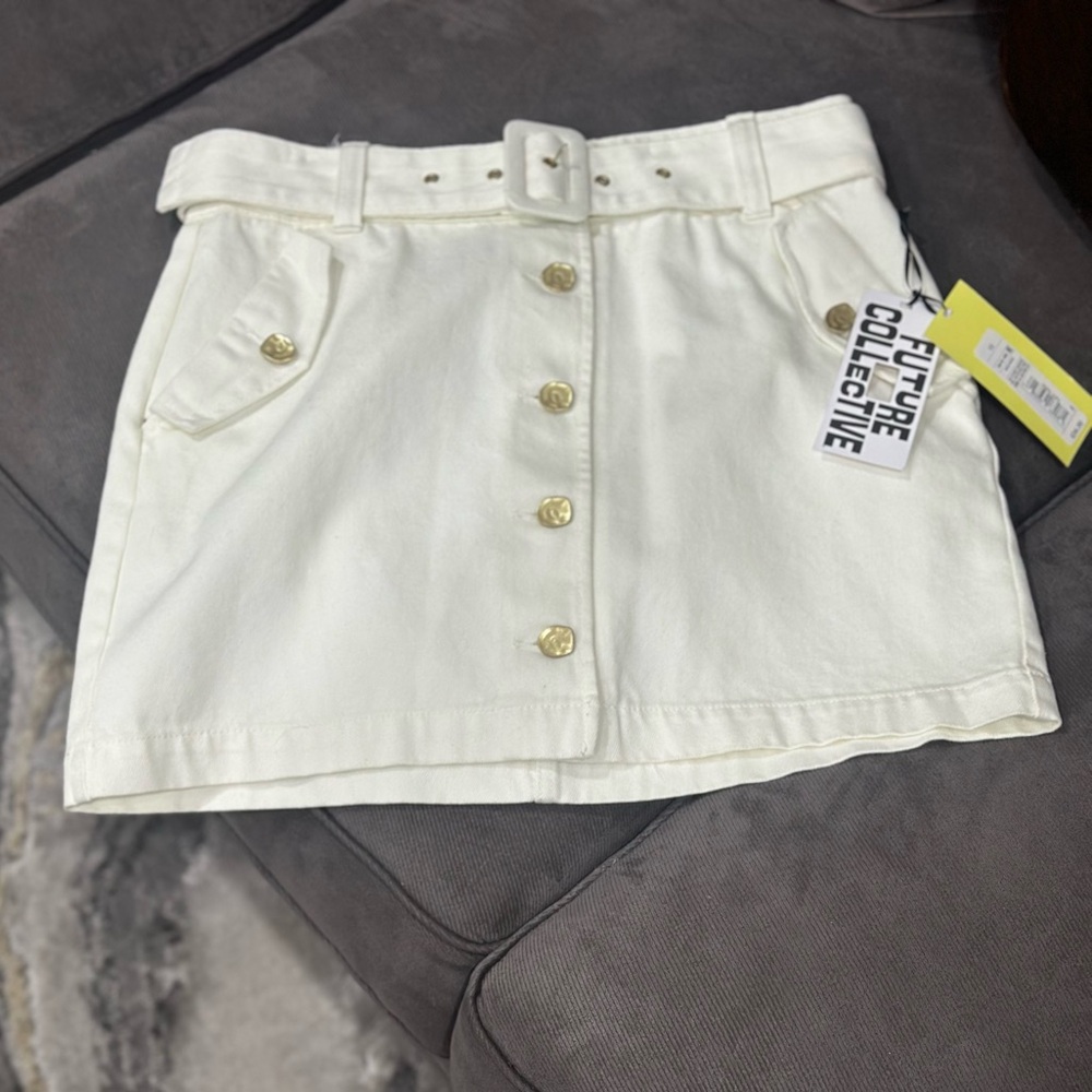 Women's Belted Button-Front Denim Mini Skirt - Future Collective with Jenee - Picture 2 of 12
